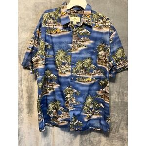 Island‎ Shores Hawaiian Shirt Mens XL Blue Tropical Island Hut Palm Cotton Aloha